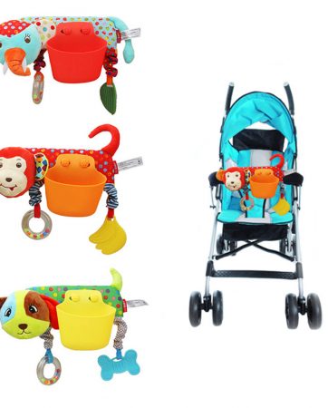 Baby Animal Bed Curtain Hanging Pocket Baby Stroller Removable Storage Pocket+Rattle Teether Multifunction Stroller Accessories