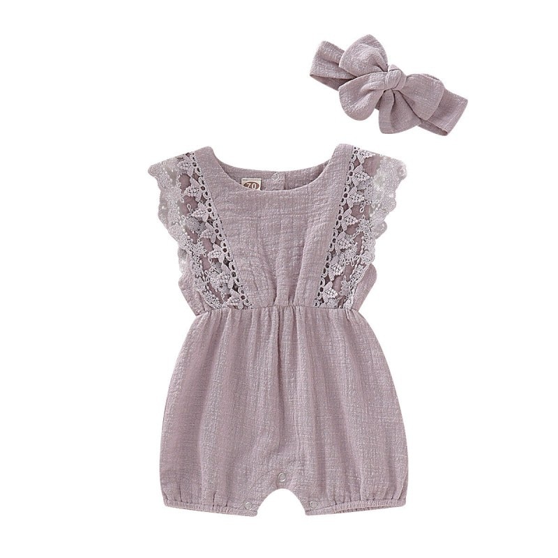 Summer Baby Girl Rompers Newborn Baby Clothes Toddler Flare Sleeve Solid Lace Design Romper Jumpsuit With Headband One-Pieces - Image 10