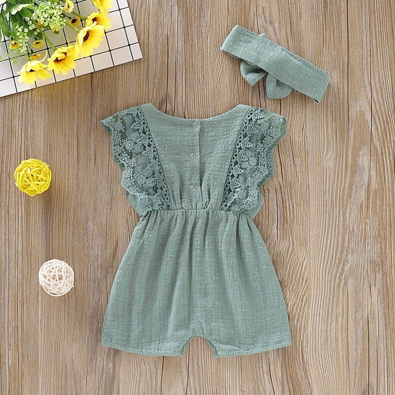 Summer Baby Girl Rompers Newborn Baby Clothes Toddler Flare Sleeve Solid Lace Design Romper Jumpsuit With Headband One-Pieces - Image 6