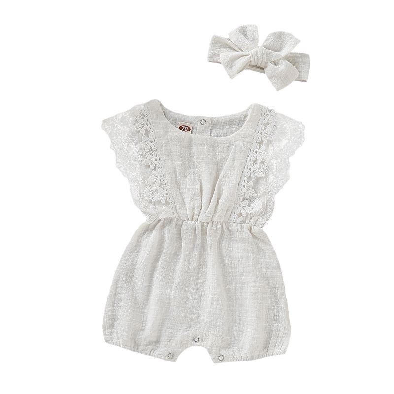 Summer Baby Girl Rompers Newborn Baby Clothes Toddler Flare Sleeve Solid Lace Design Romper Jumpsuit With Headband One-Pieces - Image 11