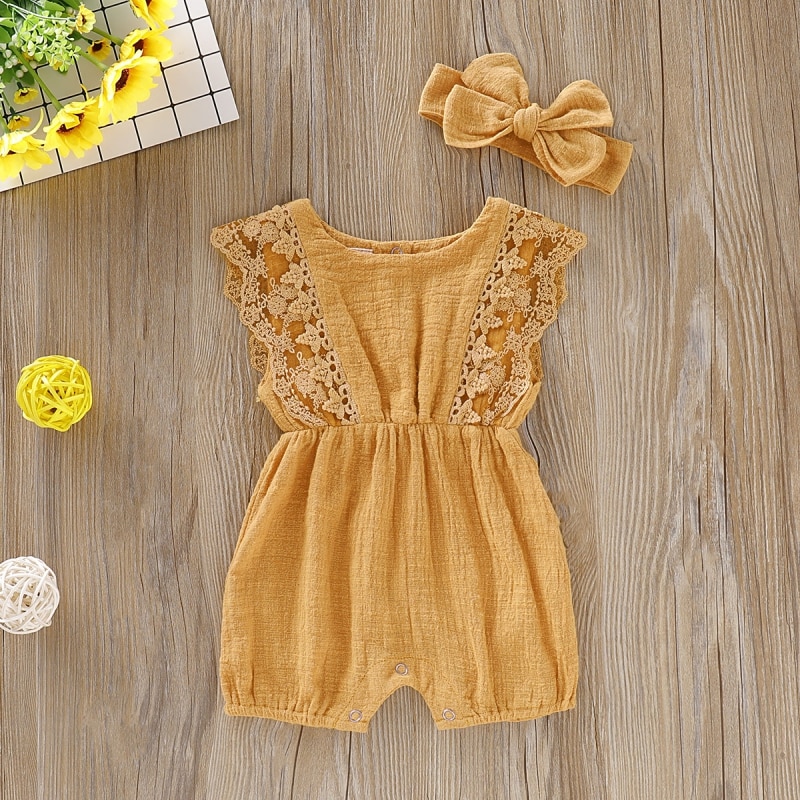 Summer Baby Girl Rompers Newborn Baby Clothes Toddler Flare Sleeve Solid Lace Design Romper Jumpsuit With Headband One-Pieces - Image 5