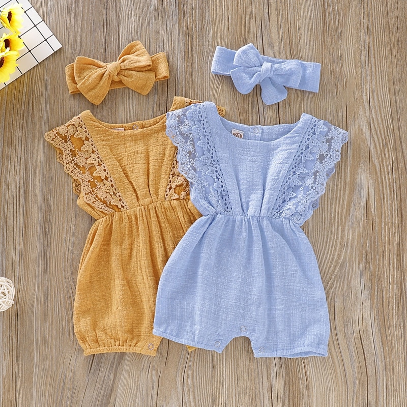 Summer Baby Girl Rompers Newborn Baby Clothes Toddler Flare Sleeve Solid Lace Design Romper Jumpsuit With Headband One-Pieces - Image 4