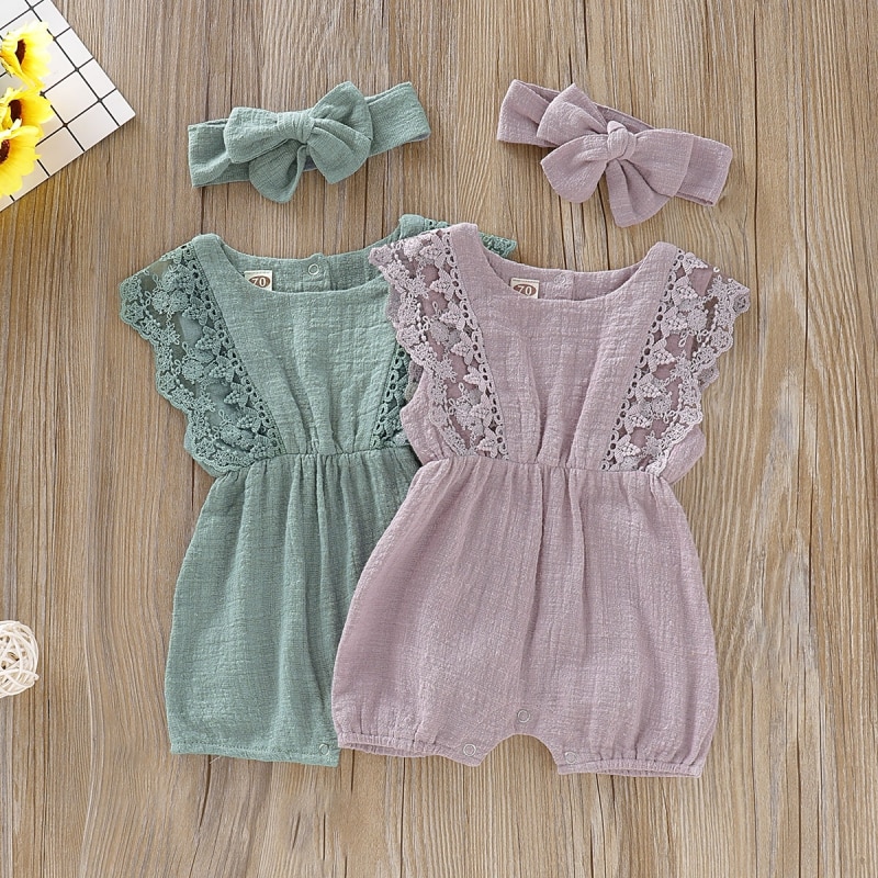 Summer Baby Girl Rompers Newborn Baby Clothes Toddler Flare Sleeve Solid Lace Design Romper Jumpsuit With Headband One-Pieces - Image 3