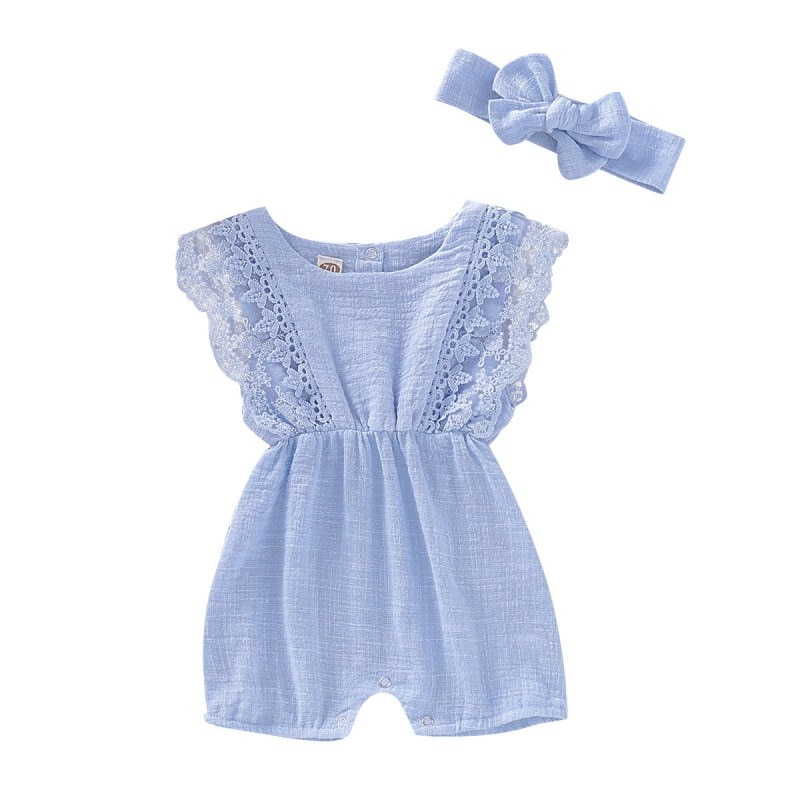 Summer Baby Girl Rompers Newborn Baby Clothes Toddler Flare Sleeve Solid Lace Design Romper Jumpsuit With Headband One-Pieces - Image 7